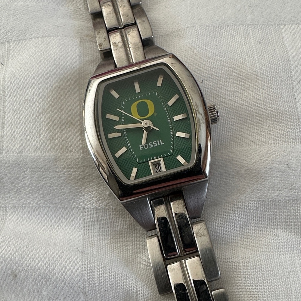 Fossil Oregon Ducks logo Silver Watch Green Face